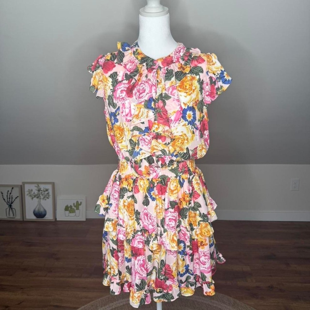 Buddy Love Floral Ruffle Mini Dress Pink Yellow Tiered Smocked Waist Large